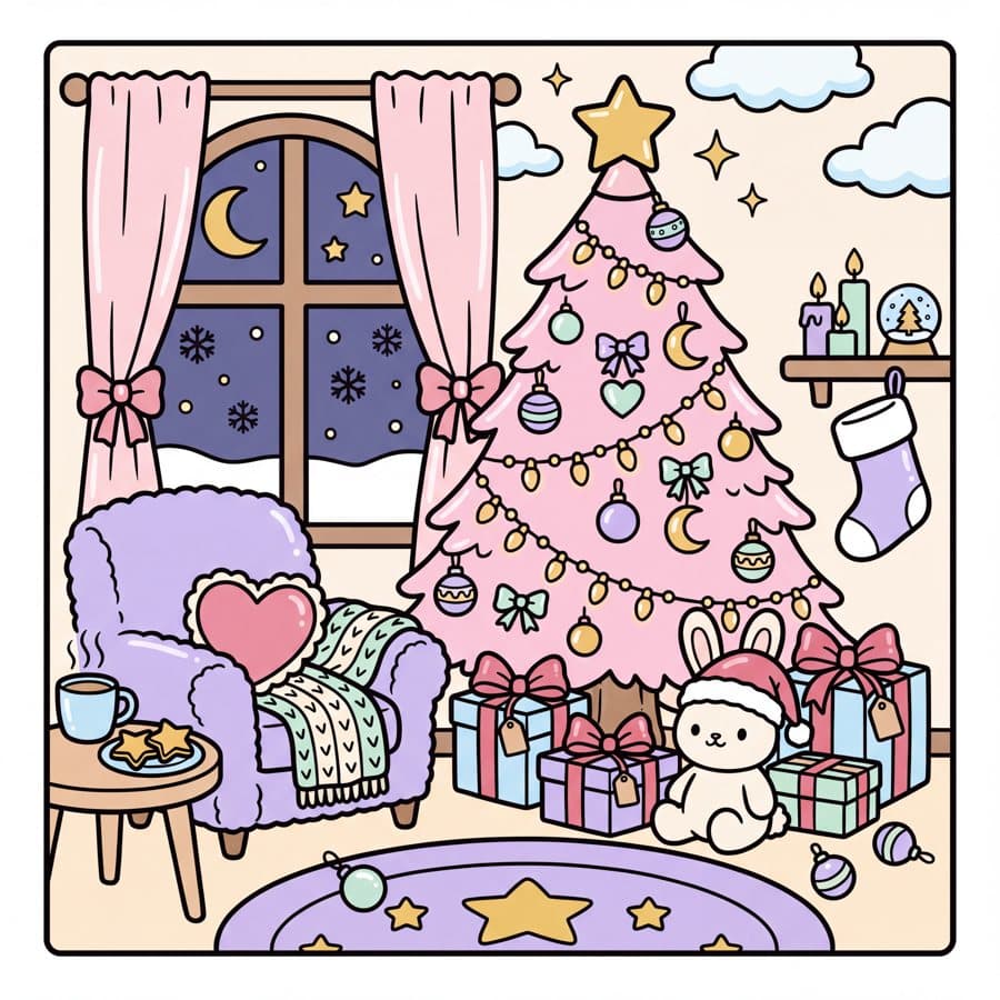 A colored page from Dreamy Girl Christmas: a pink Christmas tree